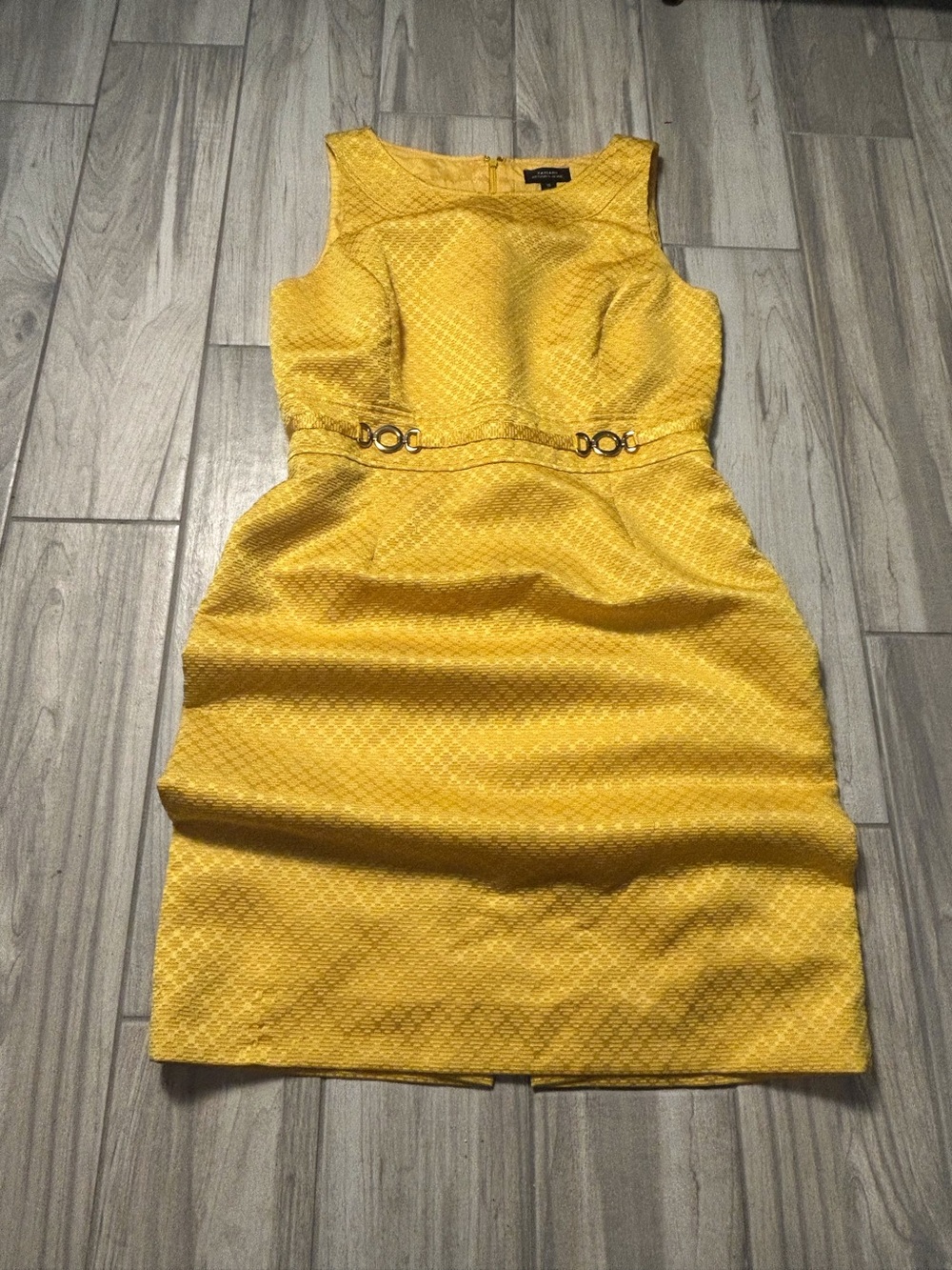 Tank Dress 10 Yellow Textured Sleeveless Faux Belt Meta Rings Bright Chic Glam